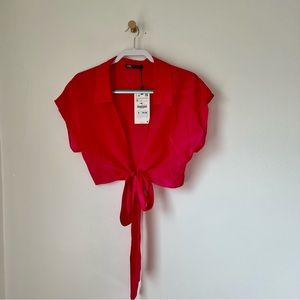 Zara hot pink viscose shirt sleeve tie front crop top Women’s S NWT